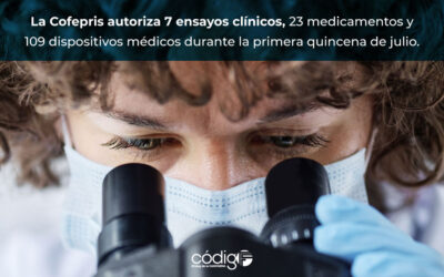La Cofepris autoriza 7 ensayos clínicos, 23 medicamentos y 109 dispositivos médicos durante la primera quincena de julio.